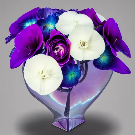 Image similar to blue and purple genetically modified blend of rose lily carnation orchid ranunculus!!! anenome, floral arrangement in futuristic!! vase made of mother of pearl, architectural digest, year 2 3 0 0