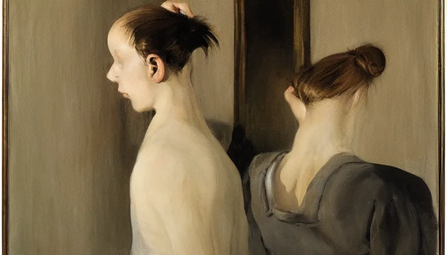Image similar to painting by borremans, bird in front of the mirror, detailed, stunning
