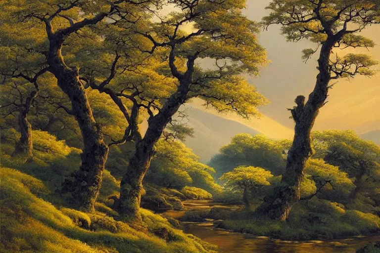 Image similar to masterpiece painting of oak trees on a hillside overlooking a creek, dramatic lighting, by kazuo oga