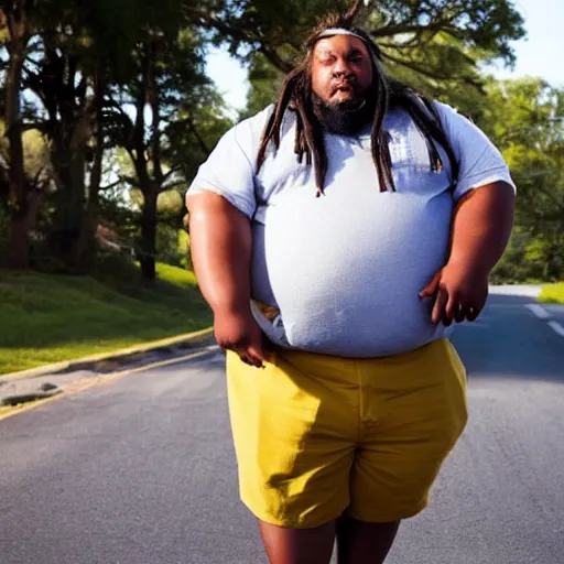 Prompt: overweight african american male school bus driver with dreads, wearing shorts with chubby legs, big moe, symmetric face, photo