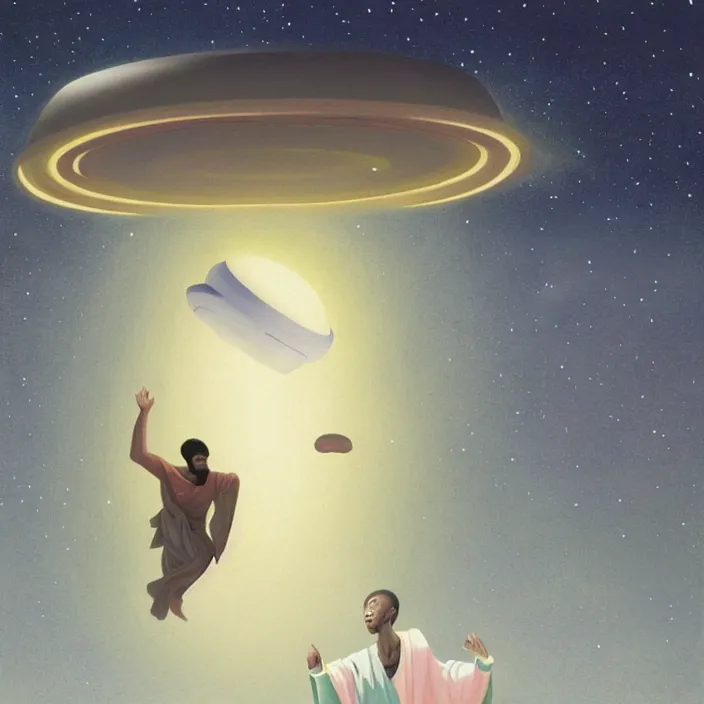 Image similar to a UFO hovering over an African Jesus, painting by Hsiao-Ron Cheng,