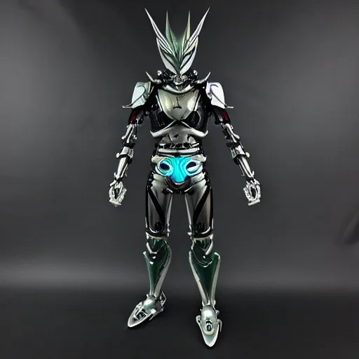 Image similar to Biomechanical Kamen Rider, glowing eyes, daytime, grey rubber undersuit, Guyver Dark Hero inspired armor