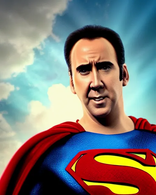 Image similar to Nicolas Cage as Superman, cinematic lighting, 4k photograph