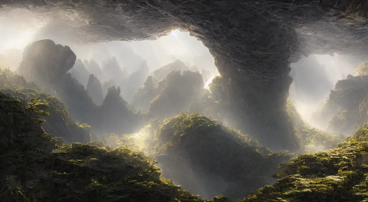 Prompt: parametric cellular tectonic organic biological crystallographic bridging megastructure architecture in a wide canyon landscape, by glenn small, by albert bierstadt, by sparth, hyper realistic, zaha hadid, god rays, volumetric lighting, detailed, extremely intricate, raytrace, octane, light fog, keyshot