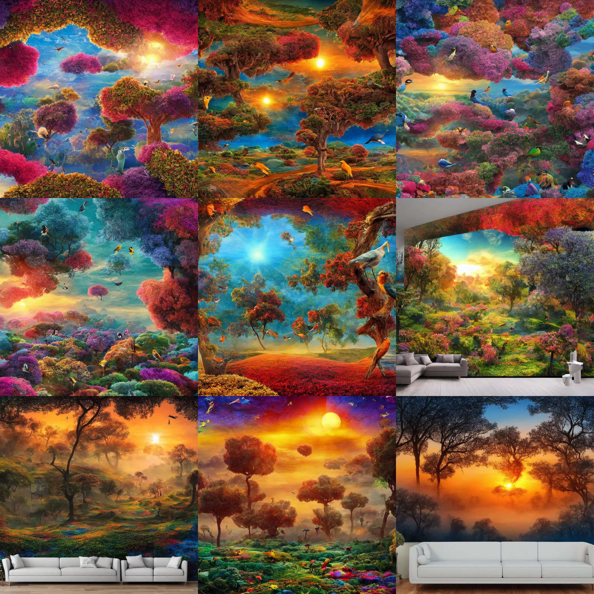 Prompt: photo of a sunrise in the magic Fluffy 3d Persian Carpet dimension, everything is carpet and 3d, birds and trees, surreal, Pixar movie panorama, immense detail, epic, striking