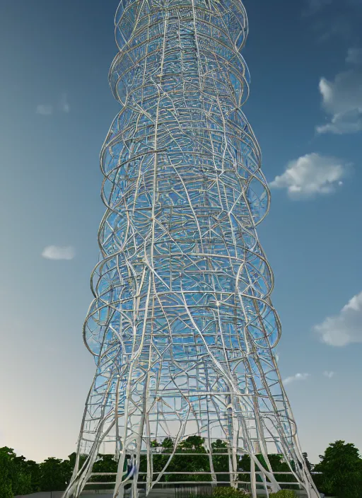 Image similar to highly detailed realistic architecture 3 d render of a stele shukhov tower standing in a city park, archdaily, made in unreal engine 4 octane render