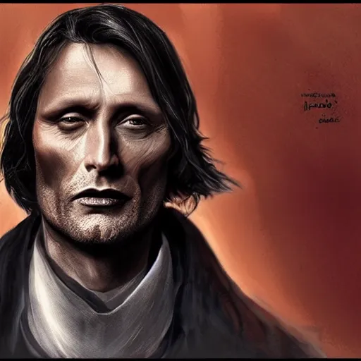 Image similar to mads mikkelsen as a vampire, male, late - 4 0 s aged, shoulder length hair, slicked black hair, red eyes, clean shaven, wearing a cape, regal, royal, grim facial expression, high medieval fantasy, full color digital art, concept art, wide shot.