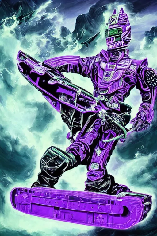 Image similar to portrait of cowboy johnny cash as purple green optimus prime power ranger from transformers surfing tonic stimulant fluids on air guitar zord UFO hoverboard, intricate, highly detailed, smooth, artstation, digital illustration by Lisa Frank and Ruan Jia and Mandy Jurgens and Artgerm and Wayne Barlowe and Greg Rutkowski and Zdislav Beksinski