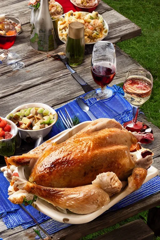 Prompt: Turkey dinner on picnic table