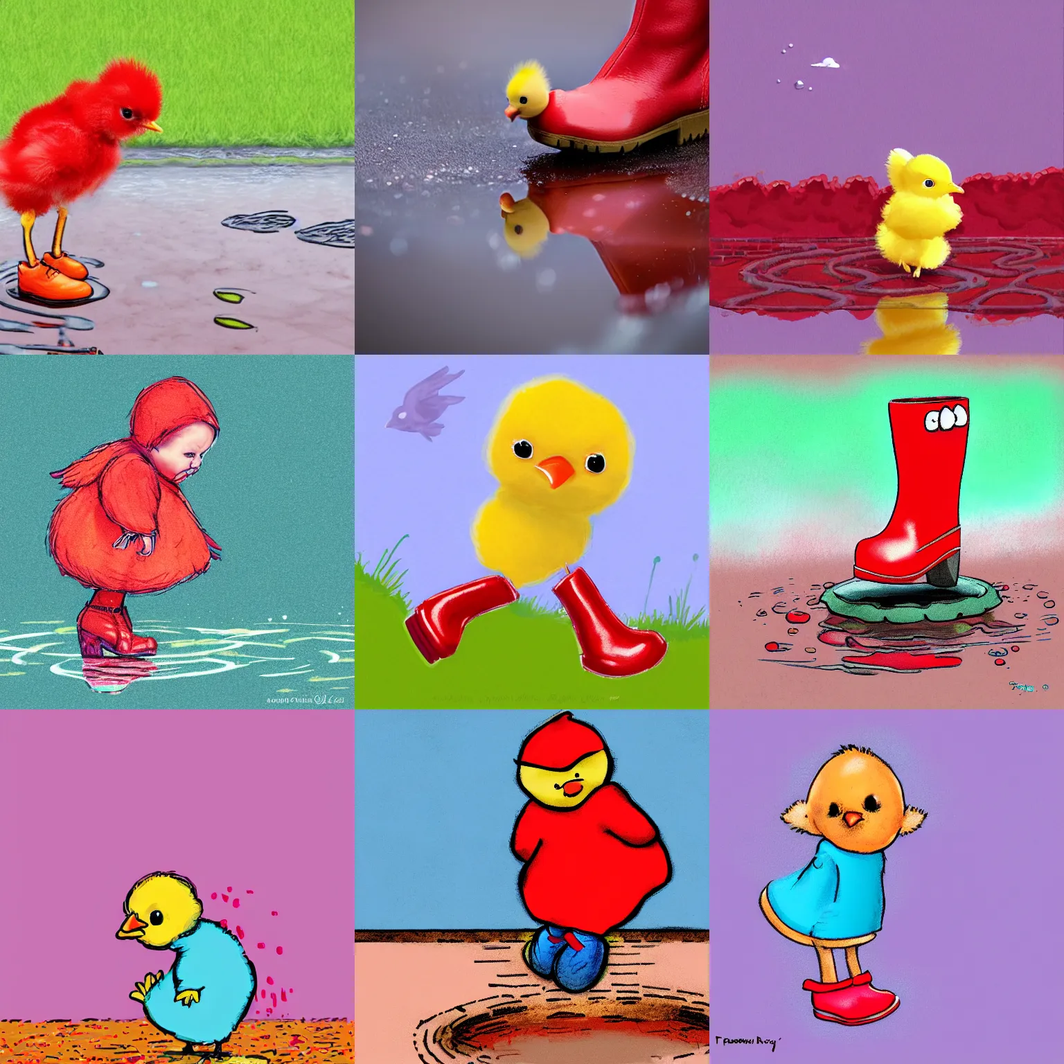 Prompt: baby chick with red boots jumping in a puddle, illustration, pastel colors, lighthearted, adorable, digital art