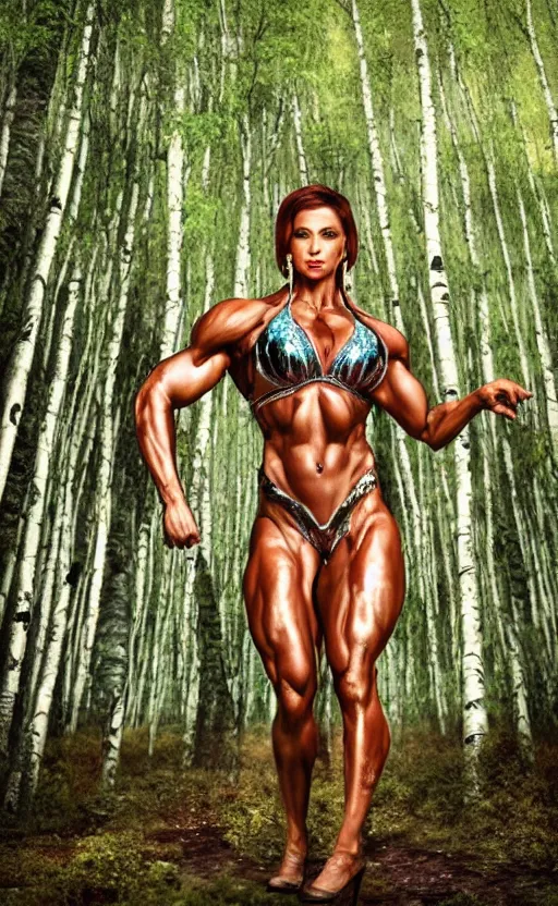 Image similar to photo of bodybuilder woman posing in birch forest in jeff koons hip hop bauhaus style, beautiful detailed face, ultra realistic, concept art, intricate details, serious, highly detailed, photorealistic, octane render, 8 k, unreal engine, art by todd mcfarlane