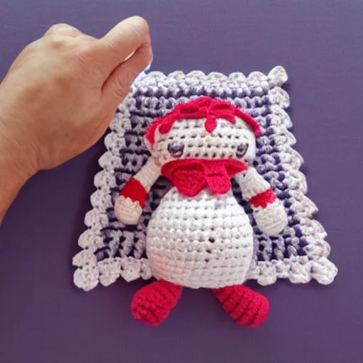 Image similar to product image of a cute crochet grandma made of crochet who's making a crochet. high resolution