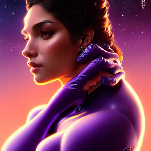 Image similar to Portrait of very very very very very very beautiful Latina woman, spacesuit, purple eyes, intricate, elegant, highly detailed, digital painting, artstation, concept art, smooth, sharp focus, illustration, art by artgerm and greg rutkowski and alphonse mucha