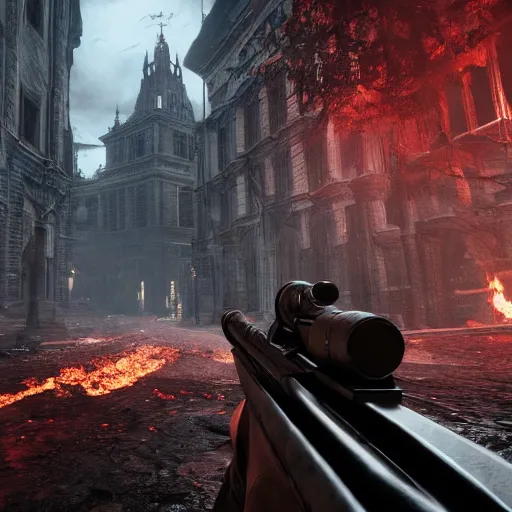 Image similar to looking down rifle in first person shooter bloodborne, background out of focus, flames, dark