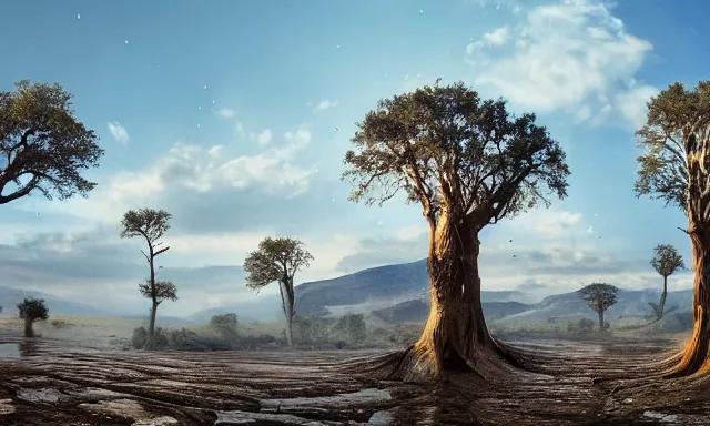 Image similar to beautiful panorama of a perfect cloudless blue sky full of many magnificent big upside-down raindrops above a dried up river, desolate land, dead trees, blue sky, hot and sunny highly-detailed, elegant, dramatic lighting, artstation, 4k, cinematic landscape, masterpiece photograph by Elisabeth Gadd, National Geographic