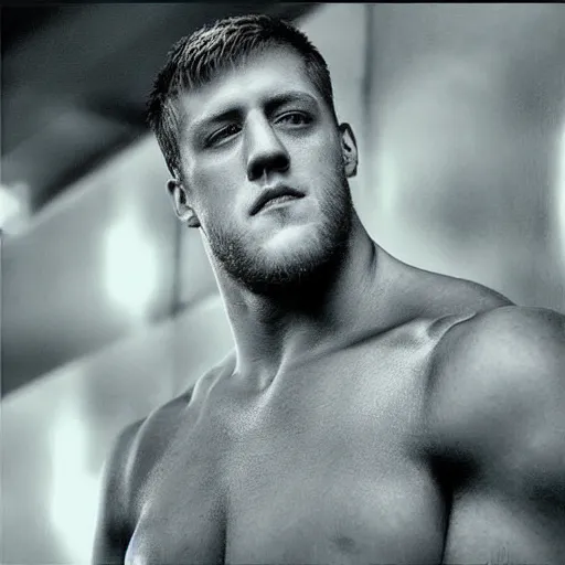 Image similar to “a realistic detailed photo of a guy who is an attractive humanoid who is half robot and half humanoid, who is a male android, football player JJ Watt, shiny skin, posing like a statue, blank stare”