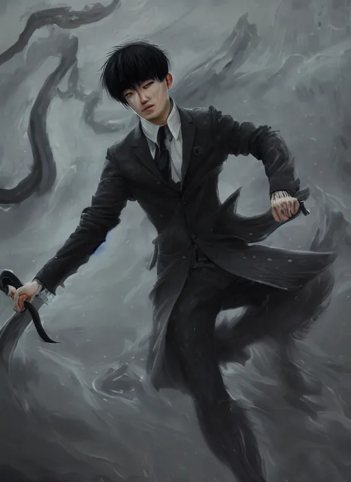 Image similar to a highly detailed illustration of attractive korean man with bowl cut black hair wearing shirt and tie with giant black mist claws, wielding giant black mist claws pose, tired expression, foggy black mist surrounding background, intricate, elegant, highly detailed, centered, digital painting, artstation, concept art, smooth, sharp focus, league of legends concept art, wlop.