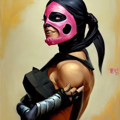 Prompt: greg manchess portrait painting of mileena from mortal kombat wearing a halfmask as overwatch character, medium shot, asymmetrical, profile picture, organic painting, sunny day, matte painting, bold shapes, hard edges, street art, trending on artstation, by huang guangjian and gil elvgren and sachin teng