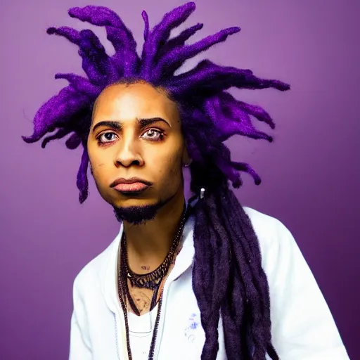 Image similar to black nonbinary person with purple dreads in space