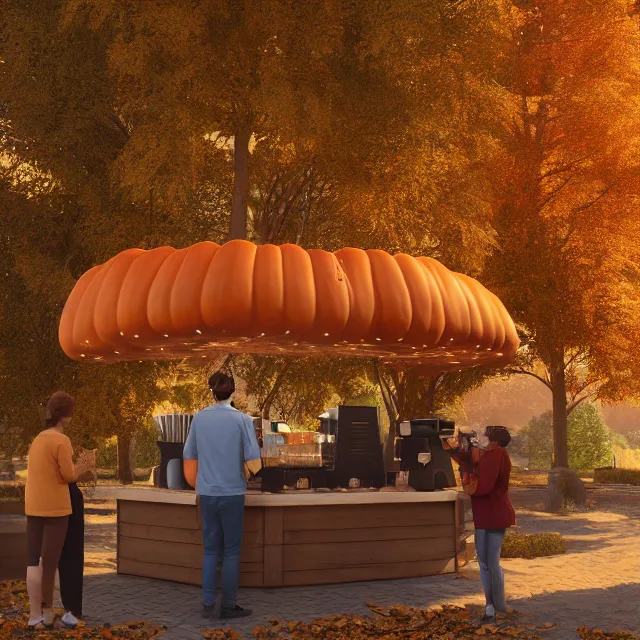 Image similar to pumpkin headed people ordering coffee at a coffee stand, maple trees with fall foliage, volumetric, realistic, cinematic lighting, ray tracing, unreal engine 5, octane render, hyper realistic, photo, 8 k