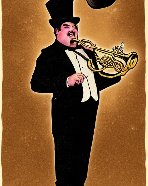 Prompt: ian karmel playing a french horn, wearing a top hat, with a space background in the style of gifford beal