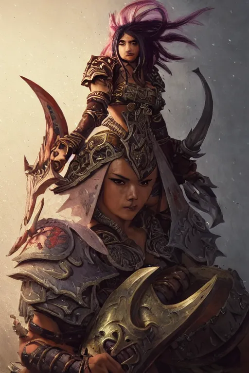 Image similar to sakimi chan, legendary warrior, heroic fighter, world of warcraft, diablo, tattoos, decorative ornaments, battle armor, by carl spitzweg, ismail inceoglu, vdragan bibin, hans thoma, greg rutkowski, alexandros pyromallis, perfect face, sharply focused, sharply detailed, centered, rule of thirds, realistic shading