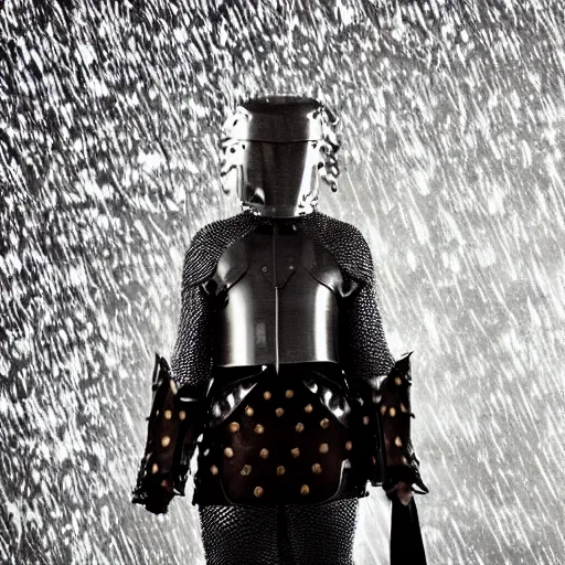 Image similar to a paladin wearing issey miyake armor in the rain, portrait, fashion photography, by martin parr