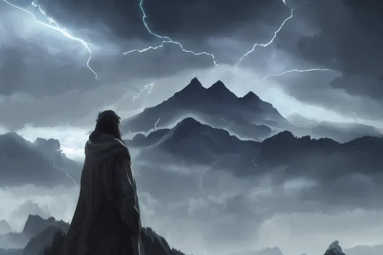 Image similar to thunder man, storm, white robe, light spell, mountains, environment, artstation