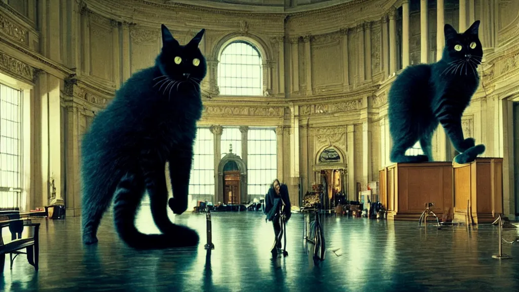 Image similar to the giant cat in city hall, film still from the movie directed by denis villeneuve and david cronenberg with art direction by salvador dali, wide lens