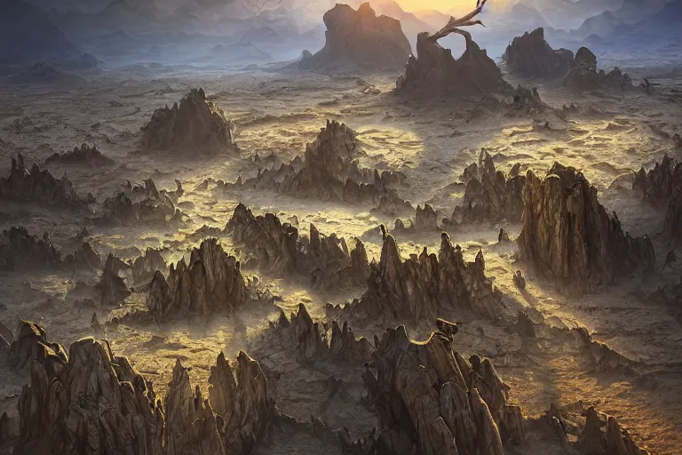 Prompt: high aerial shot, fantasy landscape, sunset lighting ominous shadows, cinematic fantasy painting, dungeons and dragons, barren dry land, desert valley of bones, sand dunes, cracked mud, dry river bed, rock outcroppings, one single autumn maple bonsai, by jessica rossier and brian froud and hr giger