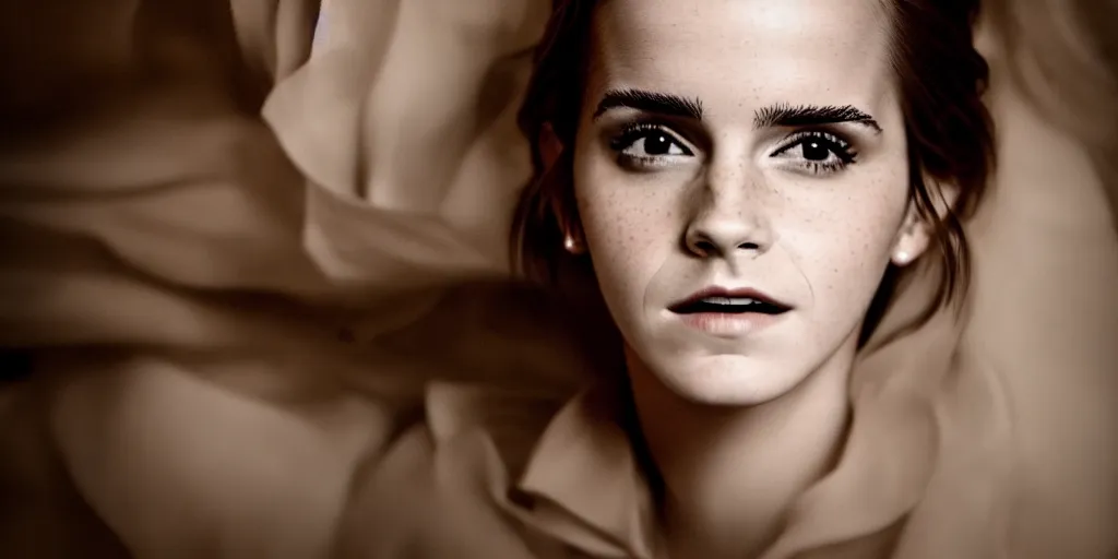 Image similar to Emma Watson portrait baroque room cinematic lighting canon 5d mk4