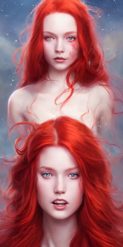 Prompt: beautiful cute red haired joyful and playful 1 9 year old maiden, full portrait, long hair, sci - fi, fantasy, intricate, elegant pose, digital painting, artstation, concept art, smooth, sharp focus, 8 k frostbite 3 engine, ultra detailed, art by artgerm and greg rutkowski and magali villeneuve