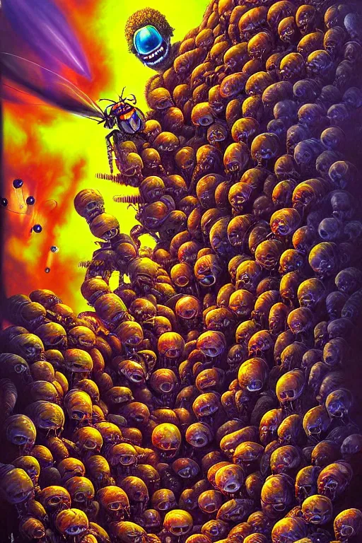 Image similar to a hyperrealistic painting of an epic boss fight against a mechanical hornets nest in a suburban neighborhood on a sunny day, cinematic horror by chris cunningham, lisa frank, richard corben, highly detailed, vivid color,