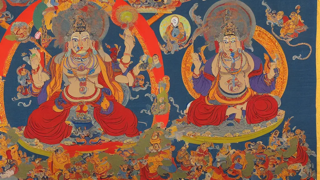 Prompt: mahakala tibetan deity as the mad drunk french philosopher foucault, tibetan thangka