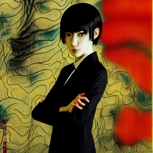 Image similar to yoshitaka amano blurred and dreamy realistic three quarter angle portrait of a young woman with short hair and black eyes wearing office suit with tie, junji ito abstract patterns in the background, satoshi kon anime, noisy film grain effect, highly detailed, renaissance oil painting, weird portrait angle, blurred lost edges