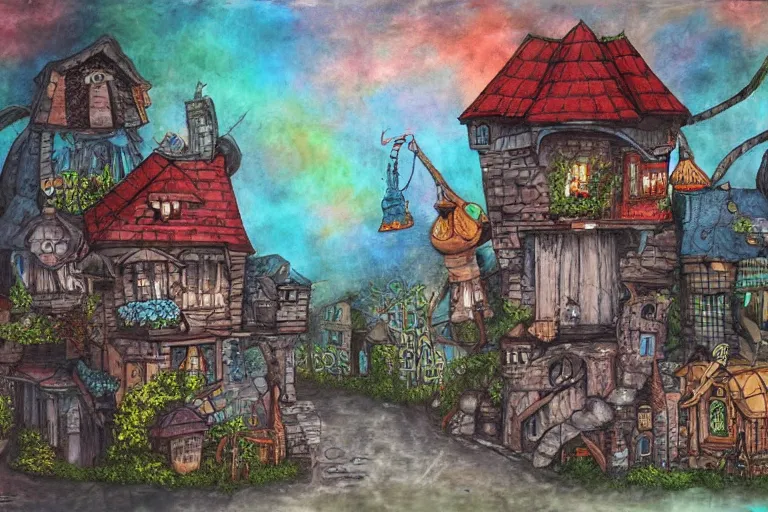 Prompt: a fantasy town, mixed media on canvas, 2 d, whimsical,