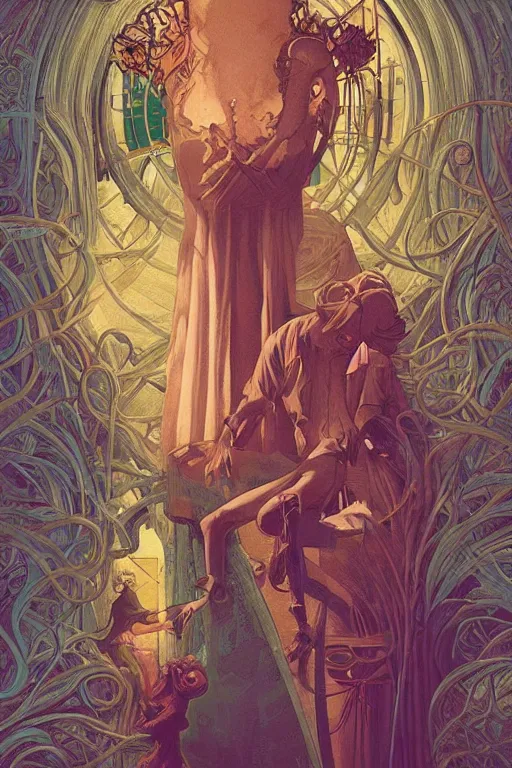 Prompt: poster artwork by Michael Whelan and Tomer Hanuka, Karol Bak of collective neurological consciousness as imagined by Carl Jung, from scene from Carnivale, clean, simple illustration, nostalgic, domestic, full of details