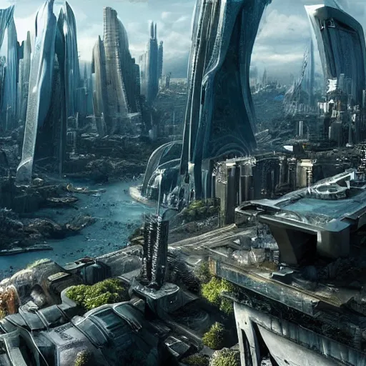 Prompt: An epic future utopian science fantasy cityscape, sustainable architecture, hyperdetailed photorealistic wide angle landscape painting, by Zack Snyder and James Cameron