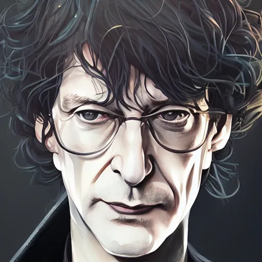 Image similar to closeup portrait of Neil Gaiman as The Sandman, pale skin, long black leather jacket, unruly hair, ambient lighting, 4k, anime key visual, lois van baarle, ilya kuvshinov, rossdraws, artstation