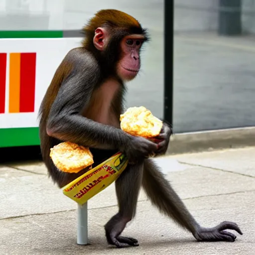 Image similar to A monkey buy some snacks at seven eleven, photorealistic