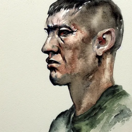 Image similar to Detailed portrait of a weary jarhead. Watercolor.