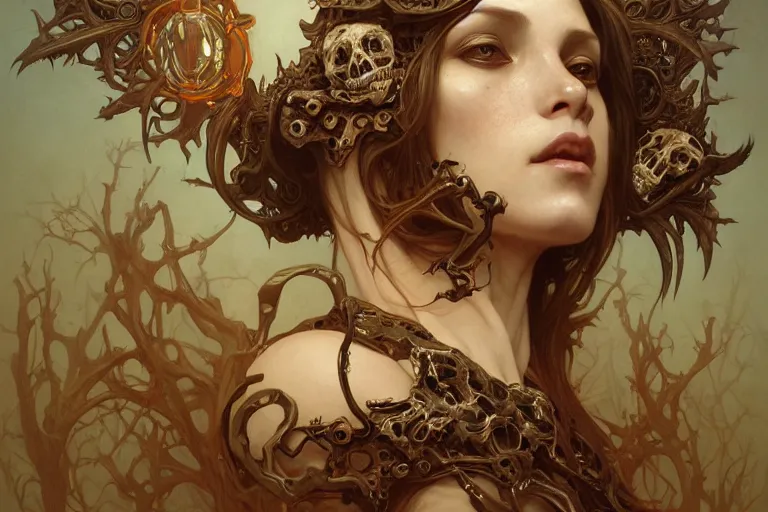 Image similar to a portrait of the bone queen, intricate, morbid, horrific, highly detailed, digital painting, crown of skulls, artstation, concept art, smooth, sharp focus, illustration, art by artgerm and greg rutkowski and alphonse mucha and william - adolphe bouguereau