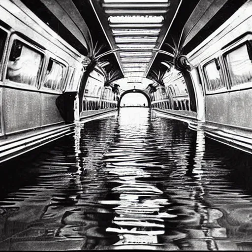 Image similar to almost completely flooded metro wagon. photo from inside the wagon, in the center of the frame stands one calm man up to his chest in water and looks at the camera. warm lighting, old color photo, ussr, extremely detailed, 8 k, vintage color