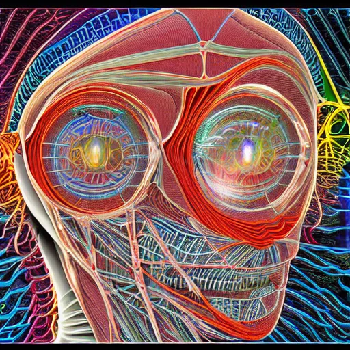 Image similar to the anatomy of a human/computer system by Alex Grey, highly detailed, aesthetic, 8K