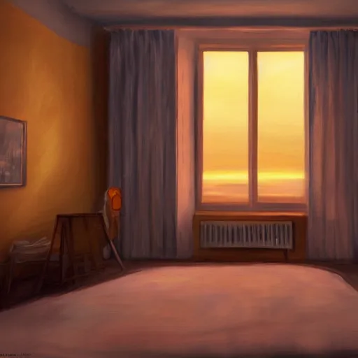 Image similar to a y 2 k room, sunset, oil painting, pale colors, high detail, 8 k, wide angle, trending on artstation,