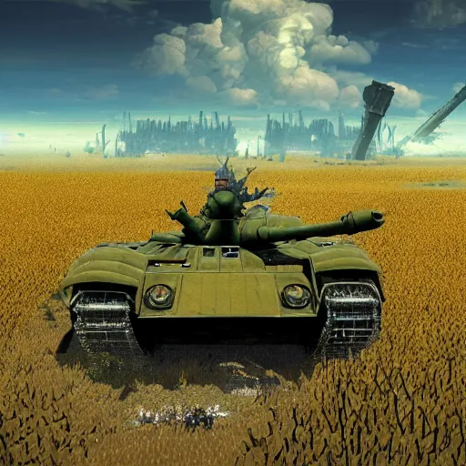 Image similar to a high resolution very detailed image of russian tank final boss battle from nier : automata in yellow rye field under pure blue skies