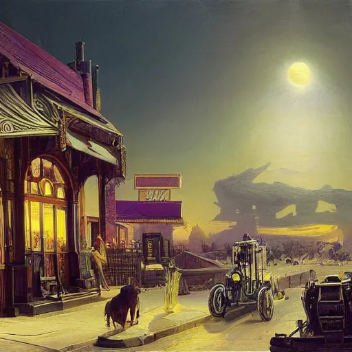 Prompt: detaiked luxury painting of syd mead artlilery scifi organic shaped small convenient store with ornate metal work lands on a farm, fossil ornaments, volumetric lights, purple sun, andreas achenbach