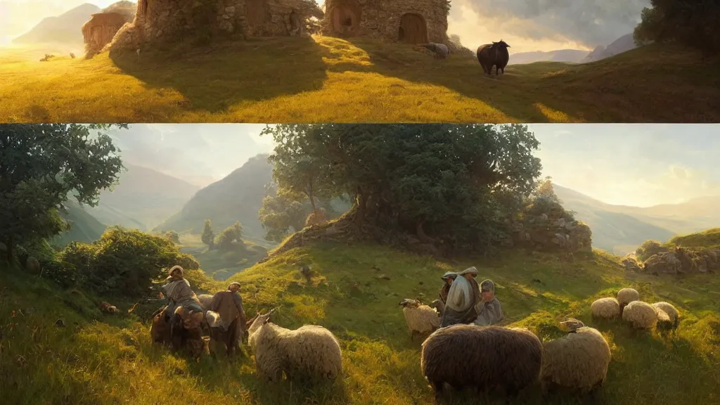 Image similar to a beautiful painting of hills in the shire with round hobbit doors and windows in them, with a young hobbit shepherd driving fat sheep, at sunrise, intricate, elegant, highly detailed, digital painting, artstation, concept art, by krenz cushart and artem demura and alphonse mucha