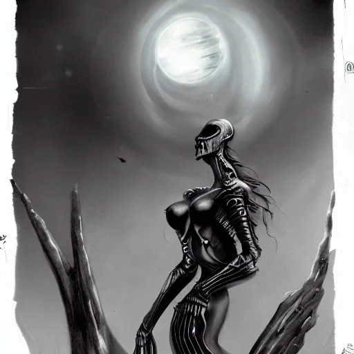 Prompt: concept art illustration of a freaky goddess with a dark moon in the far distance by HR giger, trending on artstation, 8k