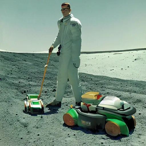 Image similar to photo realistic Hank hill wearing a full suit of armor riding a lawnmower on the moon, Kodachrome photo